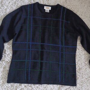 Talbots Women’s Medium 100% Wool Sweater Black Beaded Plaid Hong Kong Vintage